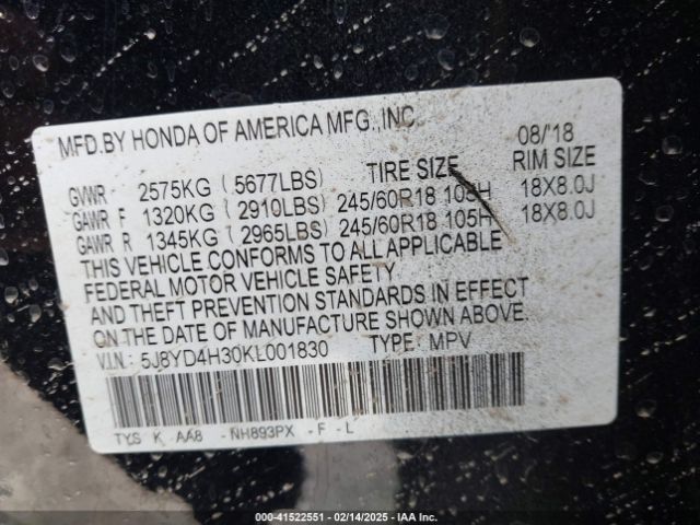 5J8YD4H30KL001830 Acura Mdx Standard