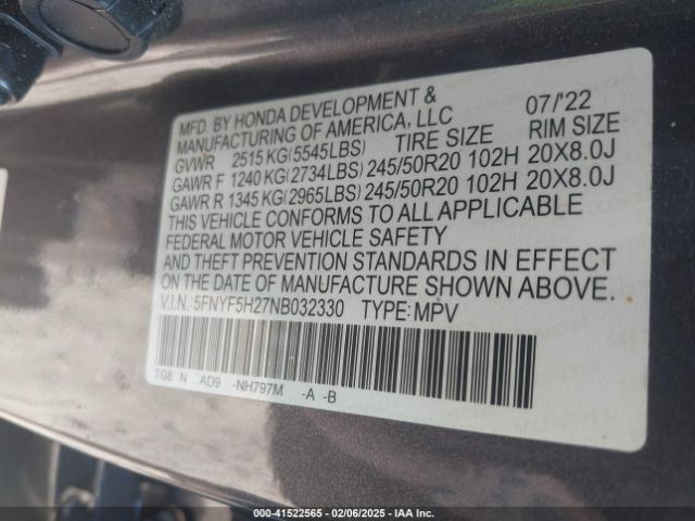 5FNYF5H27NB032330 Honda Pilot 2wd Special Edition
