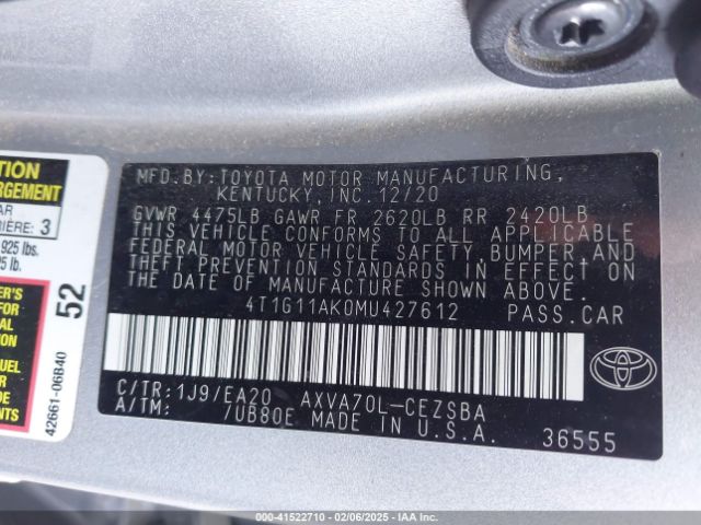 4T1G11AK0MU427612 Toyota CAMRY SE