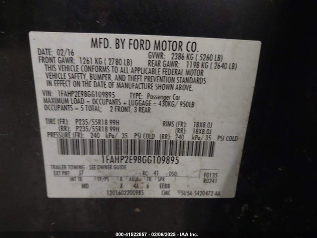 Ford TAURUS SEL 2016 1FAHP2E98GG109895 Image 9