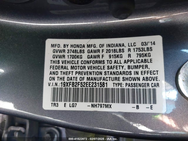 Honda Civic Lx 2014 19XFB2F52EE231581 Image 9