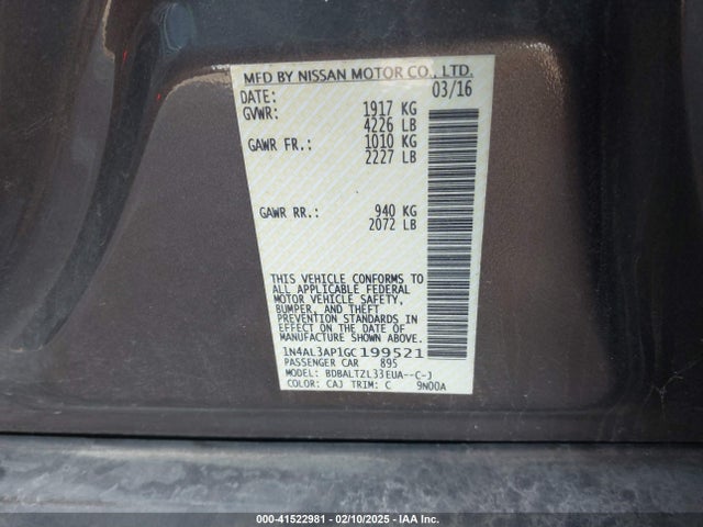 Nissan Altima 2.5 Sl 2016 1N4AL3AP1GC199521 Image 9