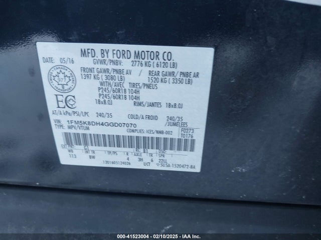 1FM5K8DH4GGD07070 Ford EXPLORER XLT