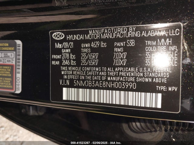 5NMJB3AE8NH003990 Hyundai TUCSON SEL