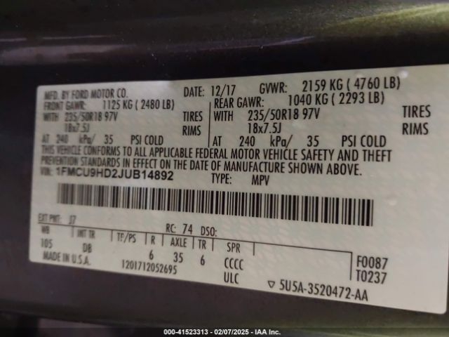 1FMCU9HD2JUB14892 Ford ESCAPE SEL