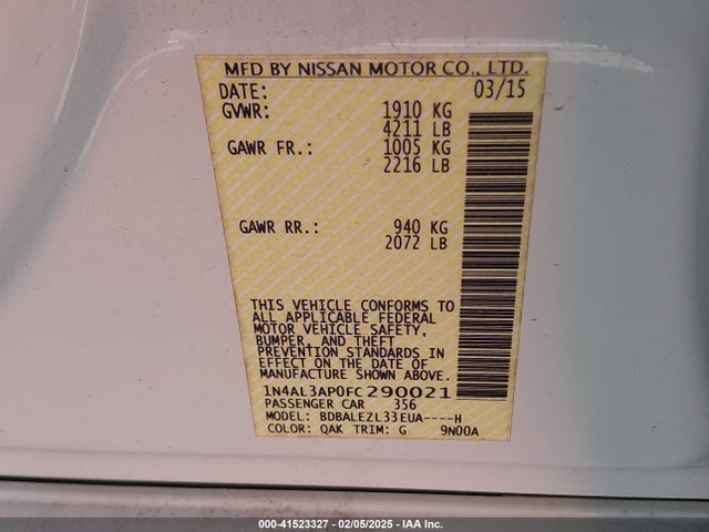 Nissan Altima 2.5 S 2015 1N4AL3AP0FC290021 Image 9