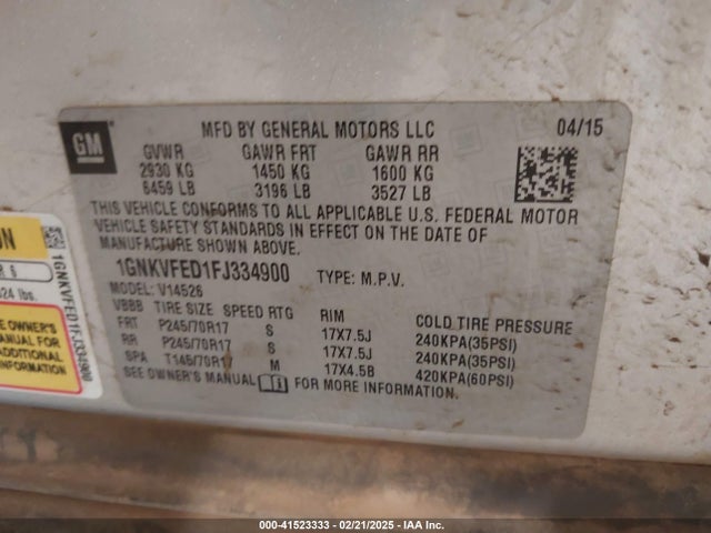 Chevrolet llt 2015 1GNKVFED1FJ334900 Image 9