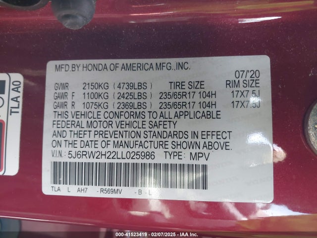Honda Cr-v Awd Lx 2020 5J6RW2H22LL025986 Image 9