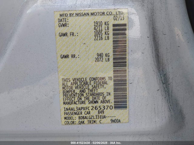 1N4AL3APXFC265370 Nissan Altima 2.5/2.5 S/2.5 Sl/2.5 Sv