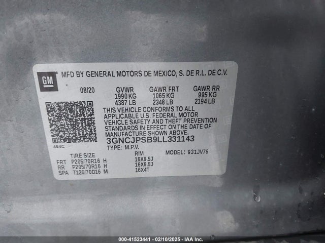 Chevrolet Trax Awd Lt 2020 3GNCJPSB9LL331143 Image 9