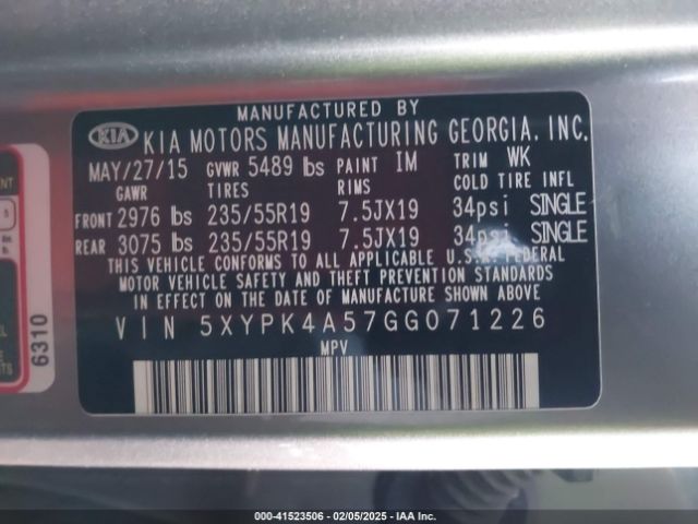 5XYPK4A57GG071226 KIA Sorento 3.3l Sxl