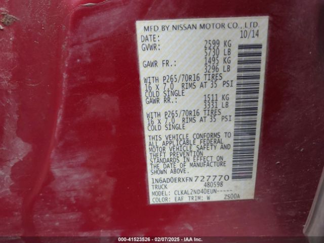 1N6AD0ERXFN727770 Nissan Frontier Sv