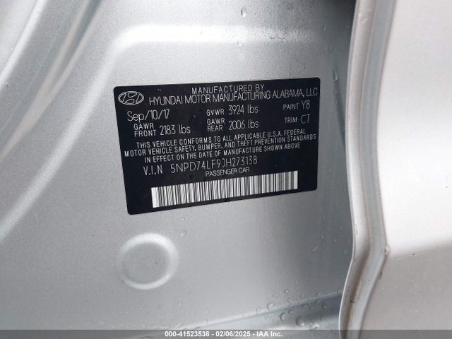 5NPD74LF9JH273138 Hyundai ELANTRA SE