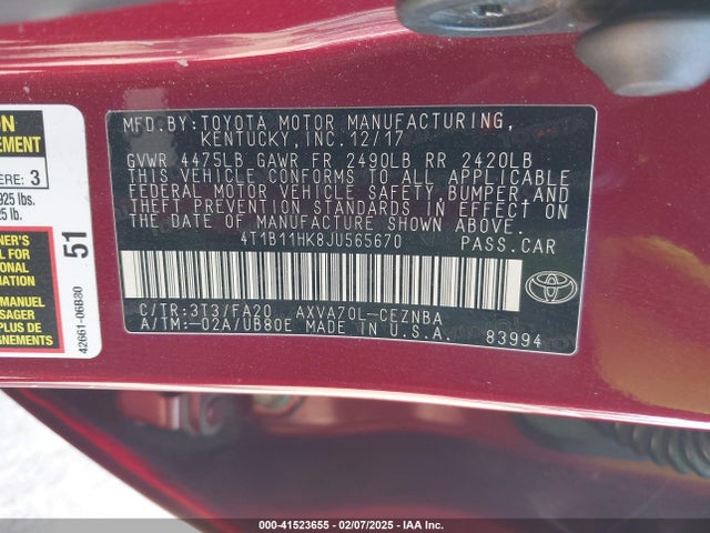 4T1B11HK8JU565670 Toyota CAMRY LE