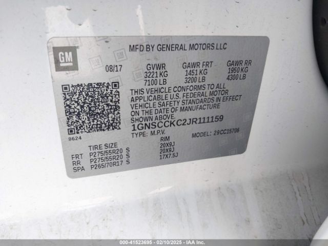 1GNSCCKC2JR111159 Chevrolet Tahoe Premier