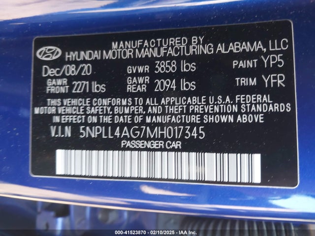 5NPLL4AG7MH017345 Hyundai ELANTRA SE