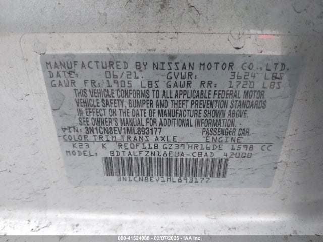 3N1CN8EV1ML893177 Nissan Versa Sv Xtronic Cvt