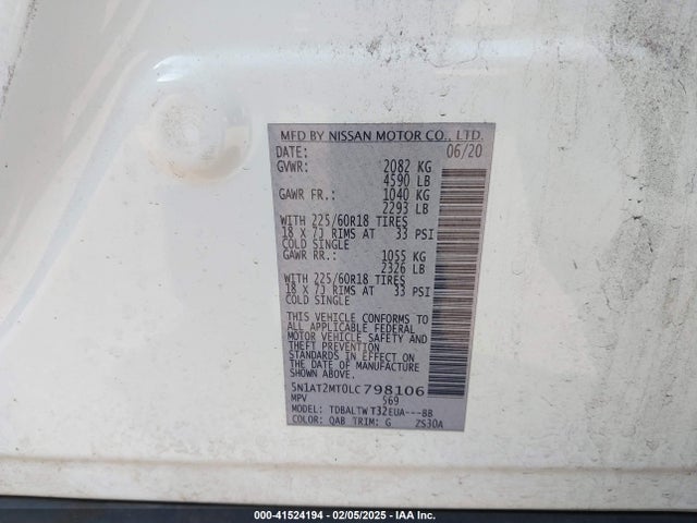 2020 Nissan Rogue Sv Fwd მანქანა იყიდება აუქციონზე, vin: 5N1AT2MT0LC798106, აუქციონის ნომერი: 41524194