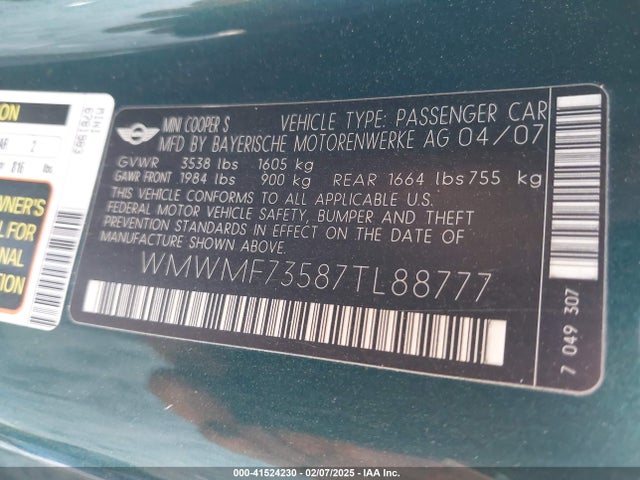2007 MINI COOPER S WMWMF73587TL88777 Photo 8