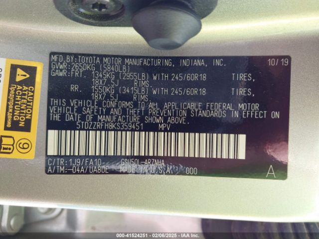 5TDZZRFH8KS359451 Toyota Highlander Le Plus