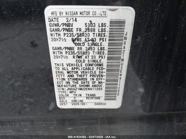 JN8AZ1MU2EW411258 Nissan Murano Le/s/sl/sv