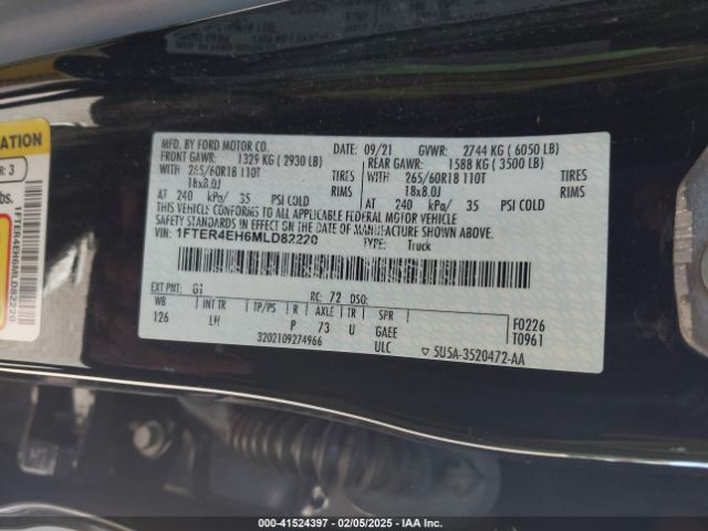 1FTER4EH6MLD82220 Ford Ranger Xlt