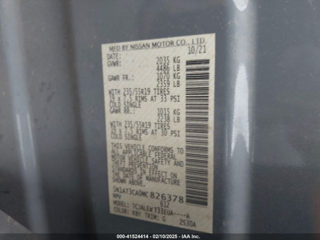 5N1AT3CA0MC826378 Nissan Rogue Sl Fwd
