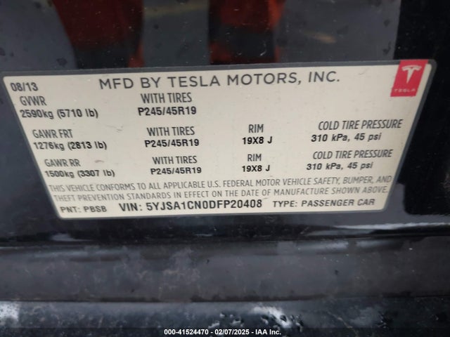 2013 TESLA MODEL S 5YJSA1CN0DFP20408 Photo 8