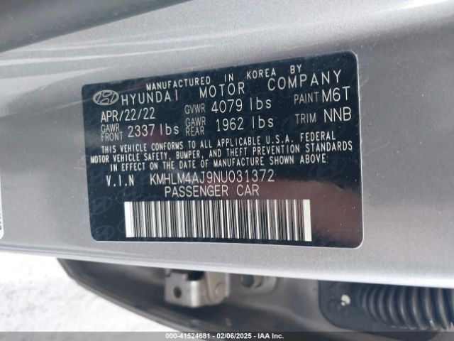 KMHLM4AJ9NU031372 Hyundai Elantra Hybrid Blue