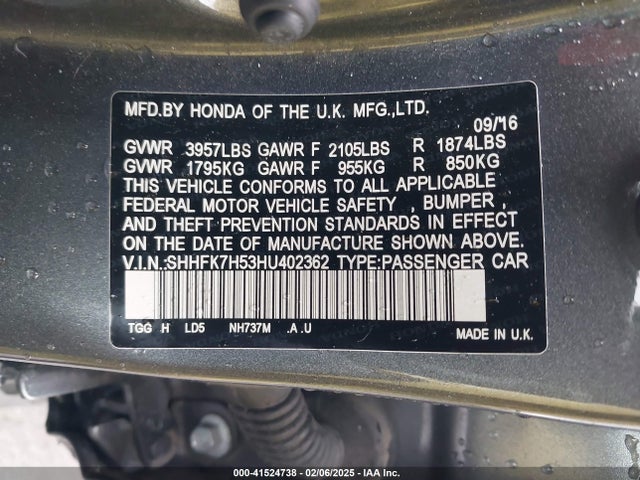 Honda CIVIC EX 2017 SHHFK7H53HU402362 Image 9