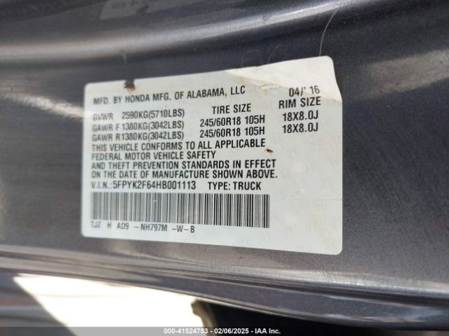 5FPYK2F64HB001113 Honda j35y6