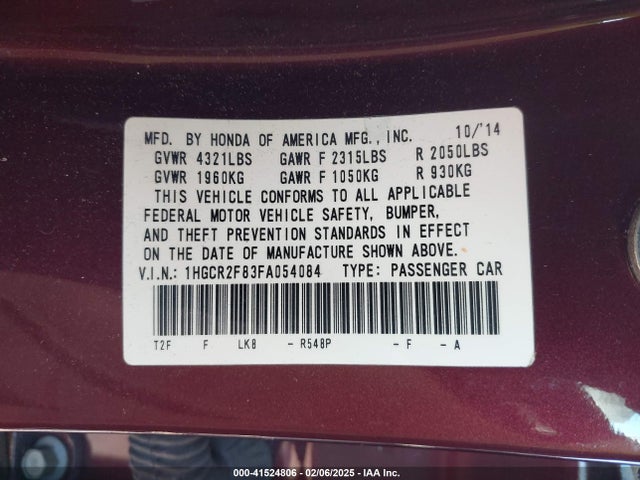 1HGCR2F83FA054084 Honda Accord