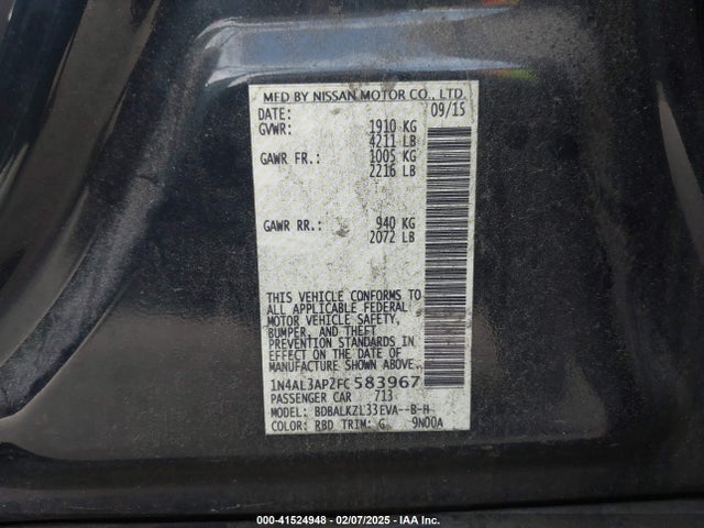 Nissan Altima 2.5 Sv 2015 1N4AL3AP2FC583967 Image 9