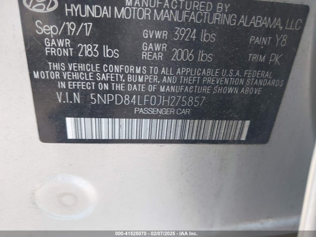 5NPD84LF0JH275857 Hyundai ELANTRA SEL