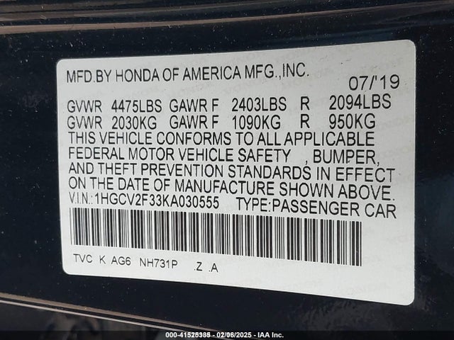 2019 HONDA ACCORD SEDAN 1HGCV2F33KA030555 Photo 8