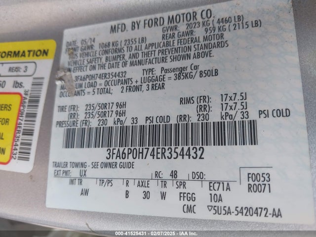 Ford FUSION SE 2014 3FA6P0H74ER354432 Image 9