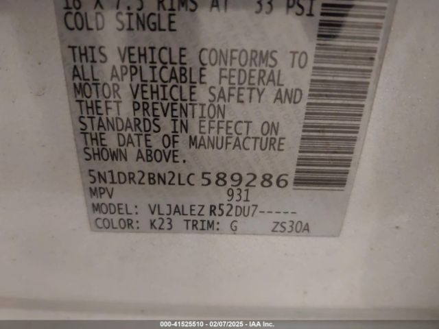 5N1DR2BN2LC589286 Nissan Pathfinder Sv 2wd