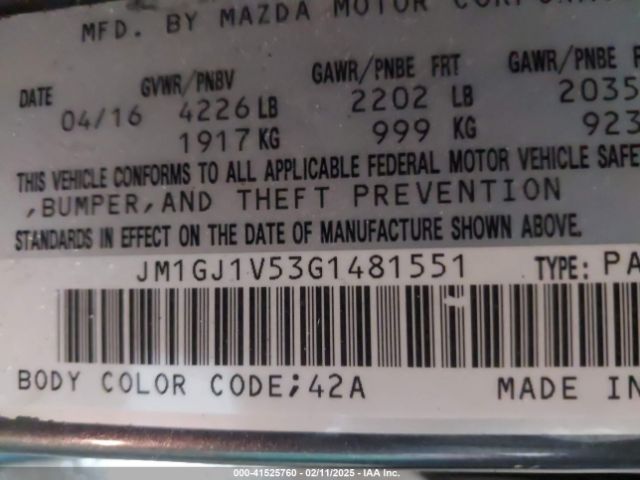 JM1GJ1V53G1481551 Mazda Mazda6 I Touring