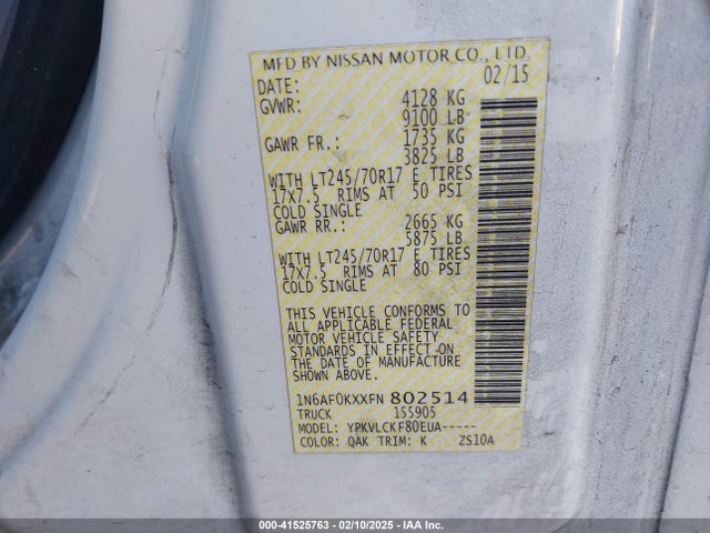 1N6AF0KXXFN802514 Nissan Nv Cargo Nv2500 Hd S V8