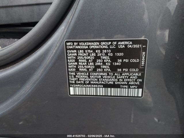 1V2WR2CA0MC585259 Volkswagen Atlas 3.6l V6 Se W/technology