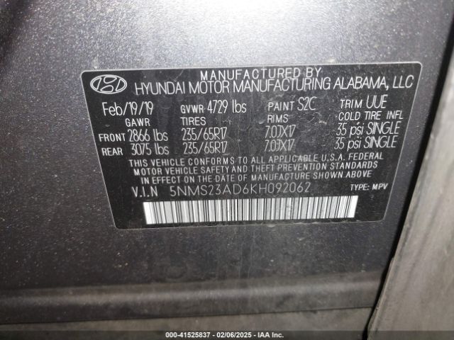 5NMS23AD6KH092062 Hyundai Santa Fe Se