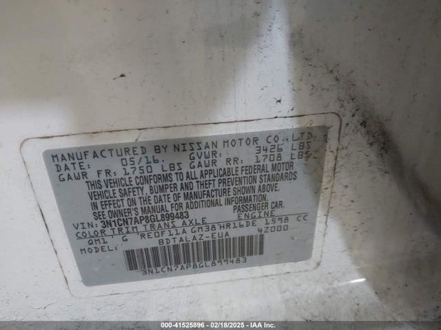 3N1CN7AP8GL899483 Nissan Versa 1.6 S+