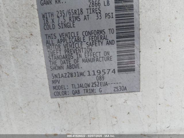5N1AZ2BJ1MC119574 Nissan Murano Sv Fwd