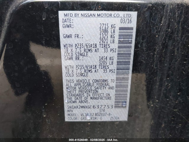 41526049 :رقم المزاد ، 5N1AR2MNXGC637753 vin ، 2016 Nissan Pathfinder Sv مزاد بيع