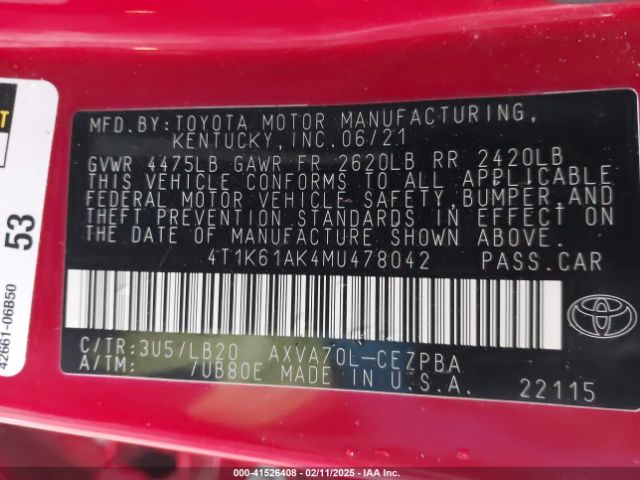 4T1K61AK4MU478042 Toyota CAMRY XSE
