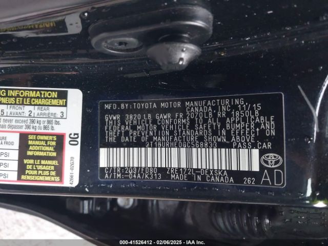 2T1BURHE0GC568833 Toyota Corolla S