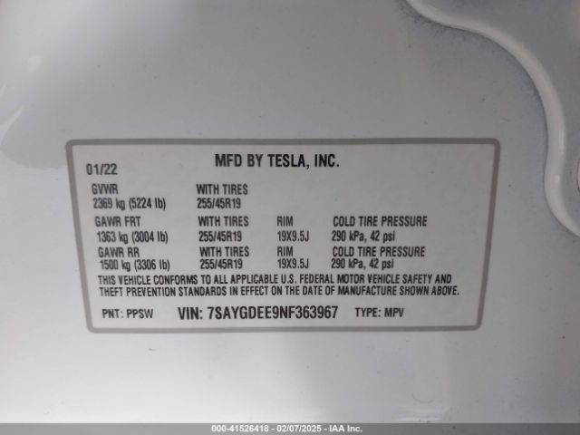 7SAYGDEE9NF363967 Tesla Model Y Long Range Dual Motor All-wheel Drive