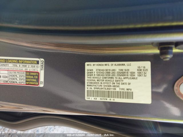 5FNRL6H73LB021109 Honda Odyssey Ex-l/ex-l W/navi   Res
