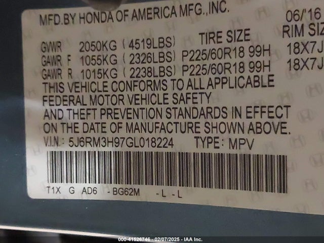 Honda Cr-v Touring 2016 5J6RM3H97GL018224 Image 9