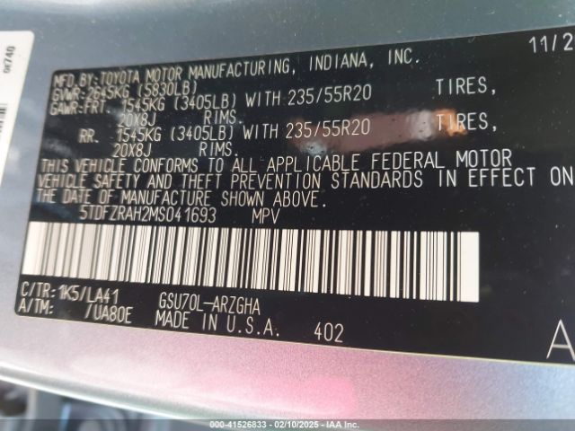 5TDFZRAH2MS041693 Toyota Highlander Platinum